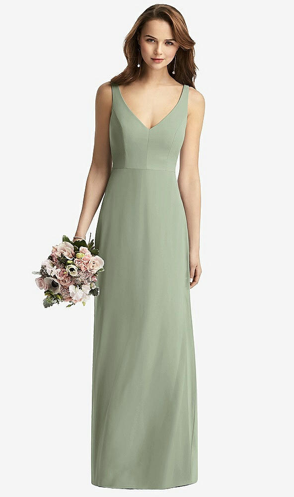 Front View - Sage Sleeveless V-Back Long Trumpet Gown