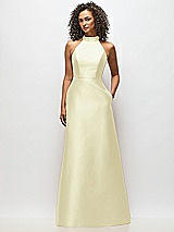Alt View 1 Thumbnail - Butter Yellow High-Neck Cutout Satin Dress with Pockets