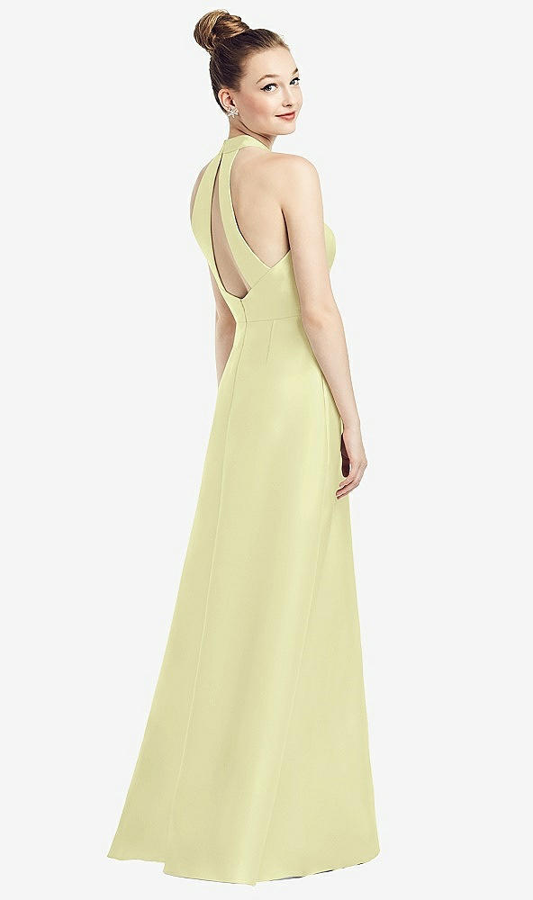 Front View - Butter Yellow High-Neck Cutout Satin Dress with Pockets