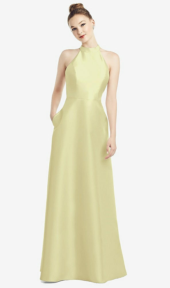 Back View - Butter Yellow High-Neck Cutout Satin Dress with Pockets