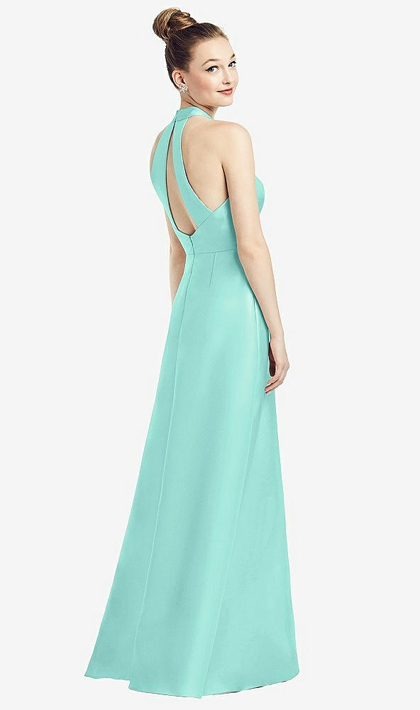 Front View - Coastal High-Neck Cutout Satin Dress with Pockets