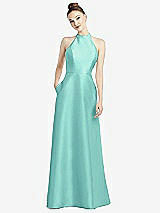 Rear View Thumbnail - Coastal High-Neck Cutout Satin Dress with Pockets