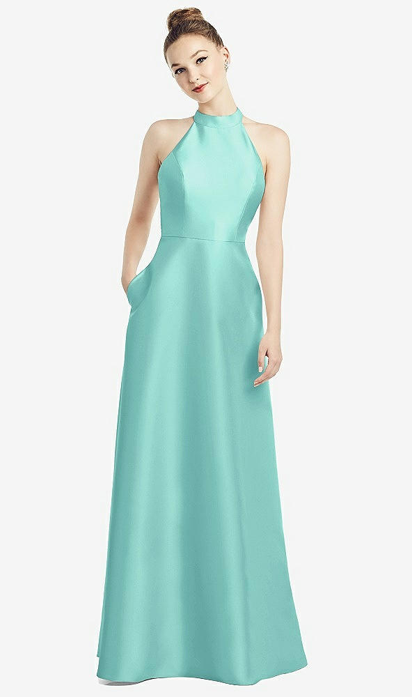 Back View - Coastal High-Neck Cutout Satin Dress with Pockets