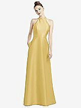 Rear View Thumbnail - Maize High-Neck Cutout Satin Dress with Pockets