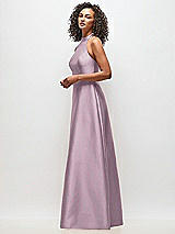 Side View Thumbnail - Suede Rose High-Neck Cutout Satin Dress with Pockets