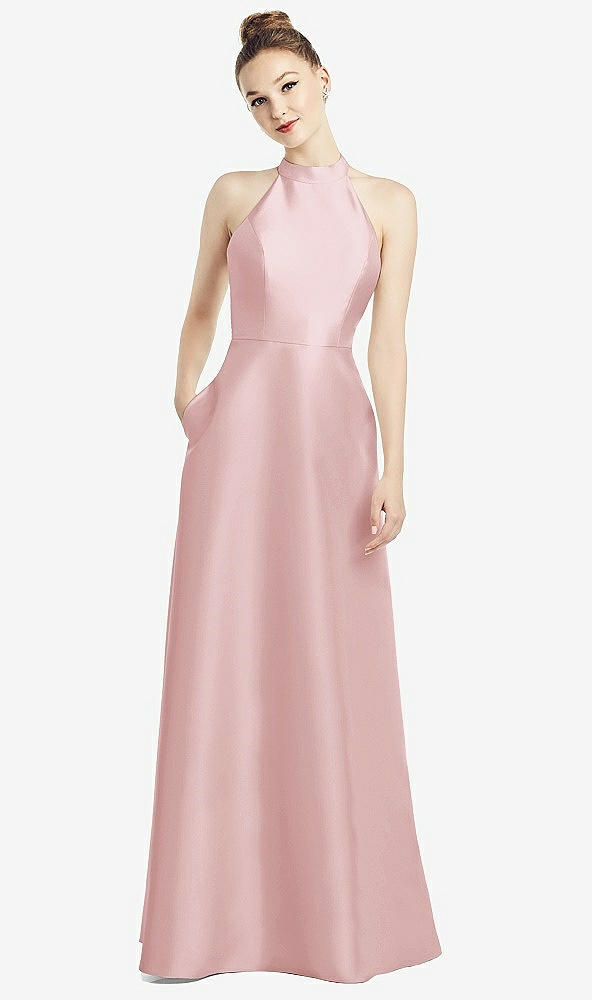 Back View - Ballet Pink High-Neck Cutout Satin Dress with Pockets