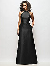 Alt View 1 Thumbnail - Black High-Neck Cutout Satin Dress with Pockets