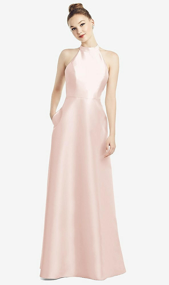 Back View - Blush High-Neck Cutout Satin Dress with Pockets