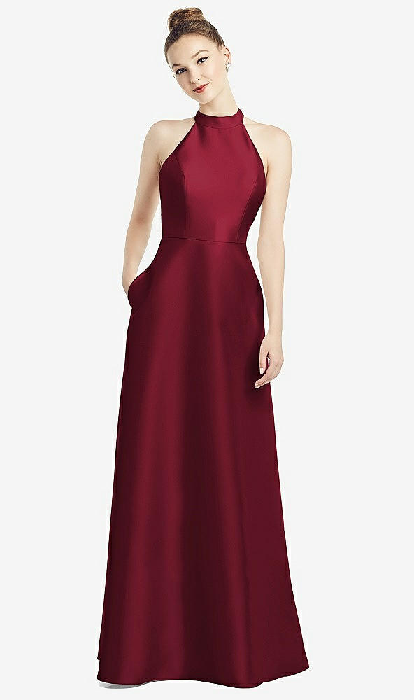 Back View - Burgundy High-Neck Cutout Satin Dress with Pockets