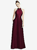 Rear View Thumbnail - Cabernet High-Neck Cutout Satin Dress with Pockets