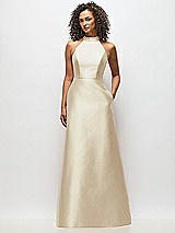 Alt View 1 Thumbnail - Champagne High-Neck Cutout Satin Dress with Pockets