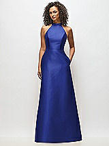 Alt View 1 Thumbnail - Cobalt Blue High-Neck Cutout Satin Dress with Pockets