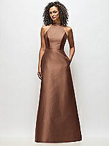 Alt View 1 Thumbnail - Cognac High-Neck Cutout Satin Dress with Pockets