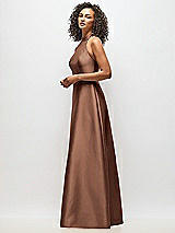 Alt View 2 Thumbnail - Cognac High-Neck Cutout Satin Dress with Pockets