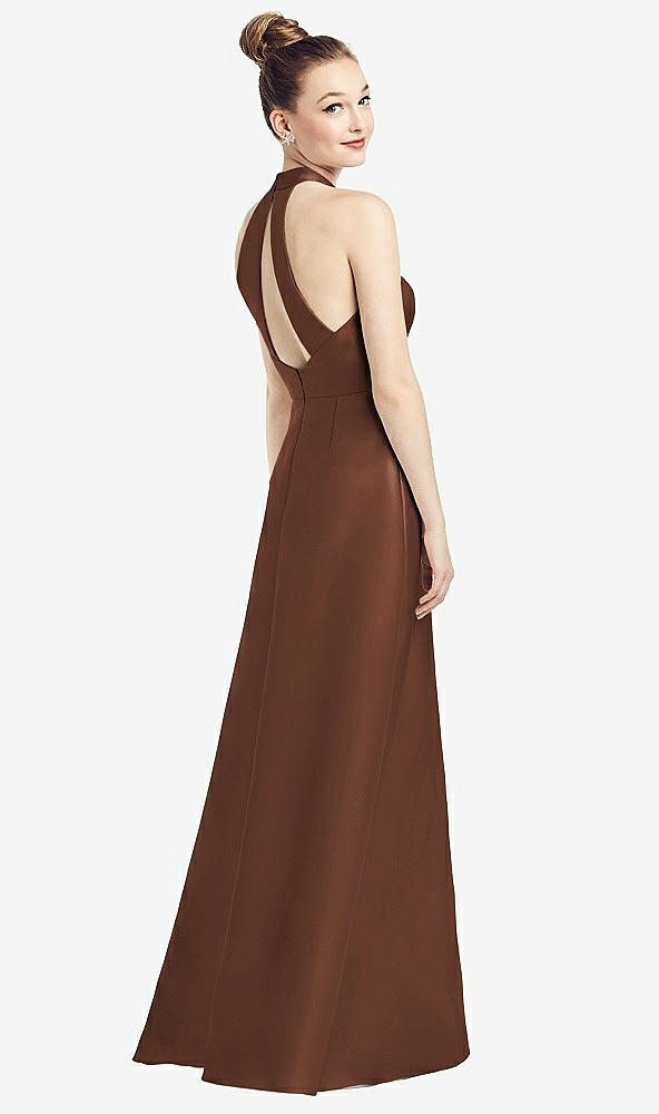 Front View - Cognac High-Neck Cutout Satin Dress with Pockets