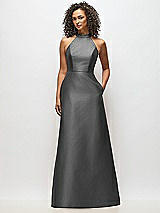 Alt View 1 Thumbnail - Gunmetal High-Neck Cutout Satin Dress with Pockets