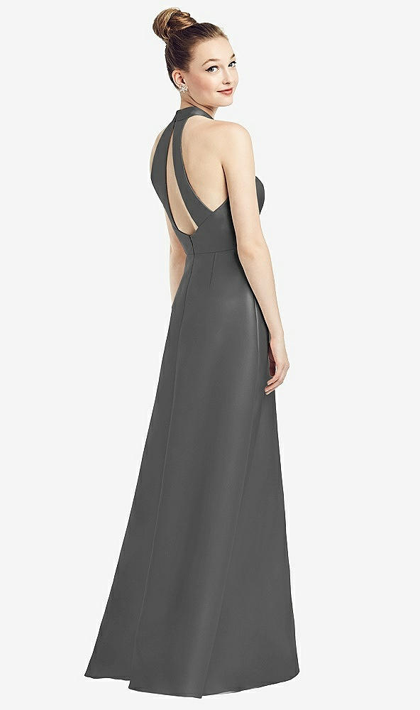 Front View - Gunmetal High-Neck Cutout Satin Dress with Pockets