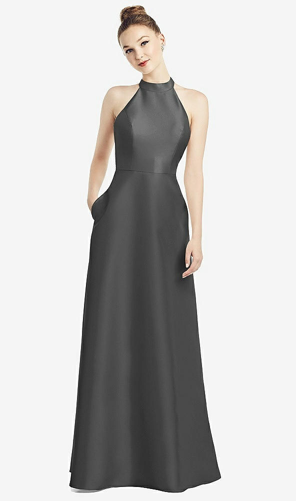 Back View - Gunmetal High-Neck Cutout Satin Dress with Pockets