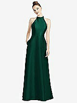 Rear View Thumbnail - Hunter Green High-Neck Cutout Satin Dress with Pockets