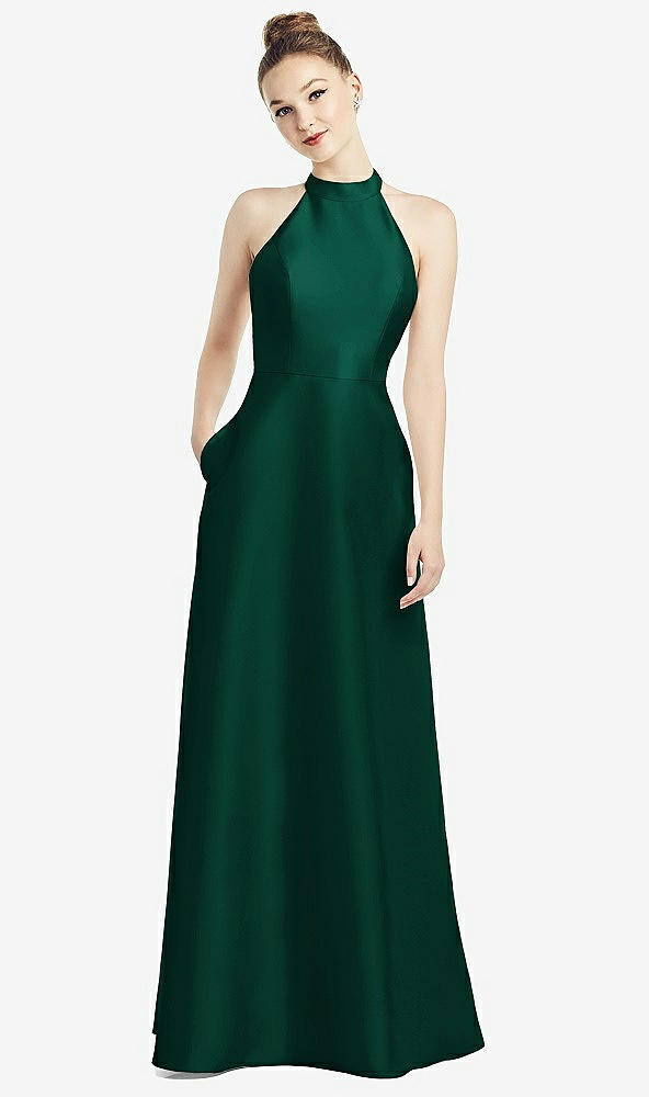 Back View - Hunter Green High-Neck Cutout Satin Dress with Pockets