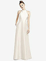 Rear View Thumbnail - Ivory High-Neck Cutout Satin Dress with Pockets