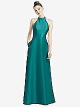 Rear View Thumbnail - Jade High-Neck Cutout Satin Dress with Pockets