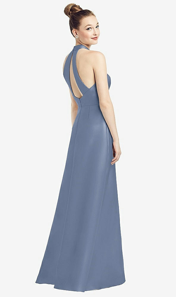 Front View - Larkspur Blue High-Neck Cutout Satin Dress with Pockets