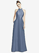 Rear View Thumbnail - Larkspur Blue High-Neck Cutout Satin Dress with Pockets