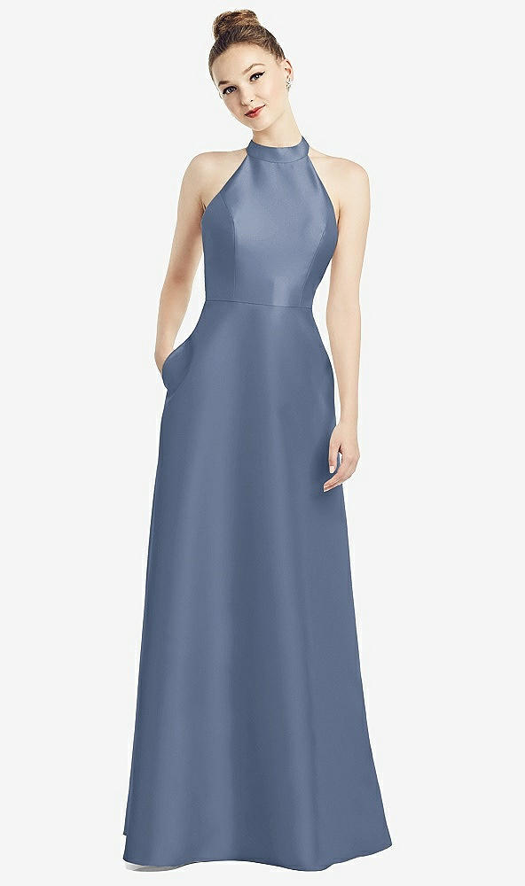 Back View - Larkspur Blue High-Neck Cutout Satin Dress with Pockets