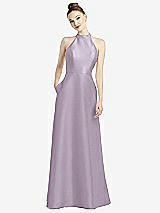 Rear View Thumbnail - Lilac Haze High-Neck Cutout Satin Dress with Pockets