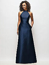 Alt View 1 Thumbnail - Midnight Navy High-Neck Cutout Satin Dress with Pockets