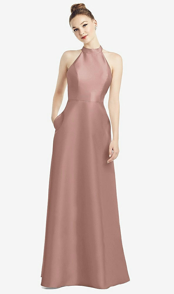 Back View - Neu Nude High-Neck Cutout Satin Dress with Pockets