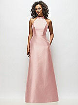Alt View 1 Thumbnail - Rose High-Neck Cutout Satin Dress with Pockets