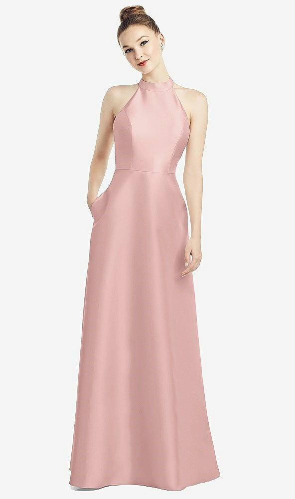 Back View - Rose - PANTONE Rose Quartz High-Neck Cutout Satin Dress with Pockets