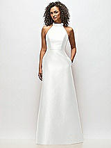 Alt View 1 Thumbnail - White High-Neck Cutout Satin Dress with Pockets