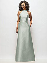 Alt View 1 Thumbnail - Willow Green High-Neck Cutout Satin Dress with Pockets
