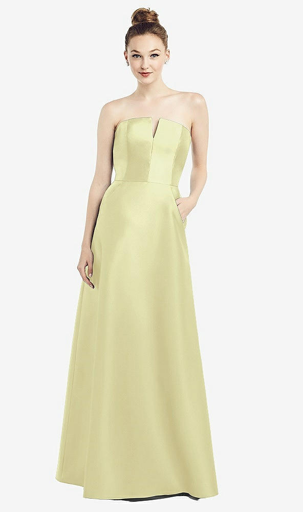 Front View - Butter Yellow Strapless Notch Satin Gown with Pockets