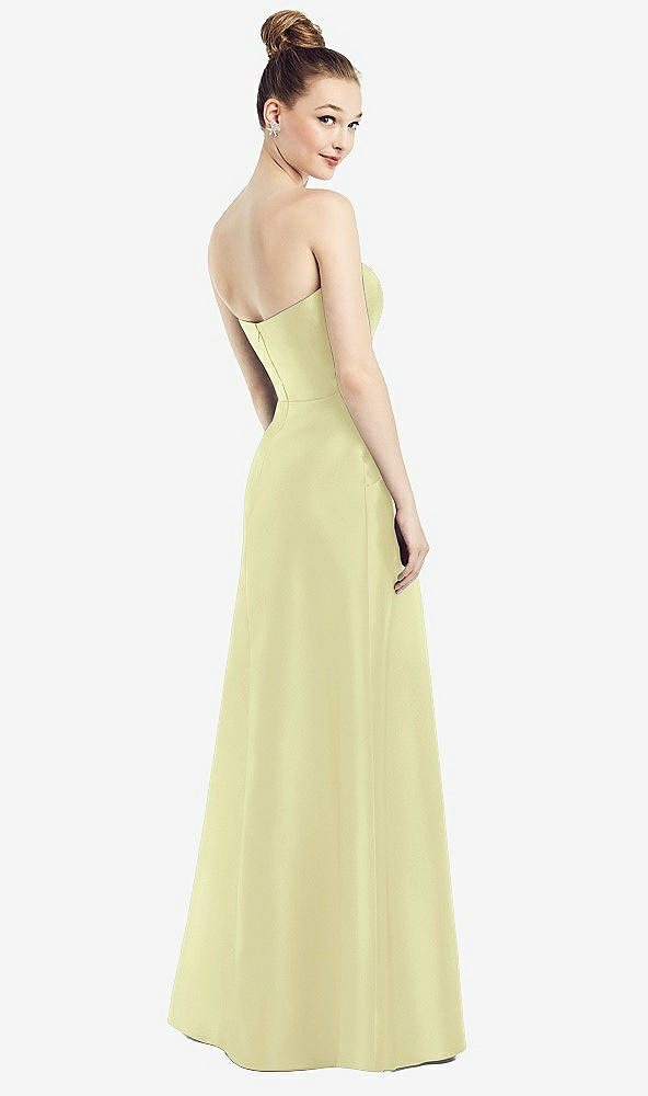 Back View - Butter Yellow Strapless Notch Satin Gown with Pockets