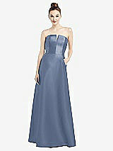 Front View Thumbnail - Larkspur Blue Strapless Notch Satin Gown with Pockets