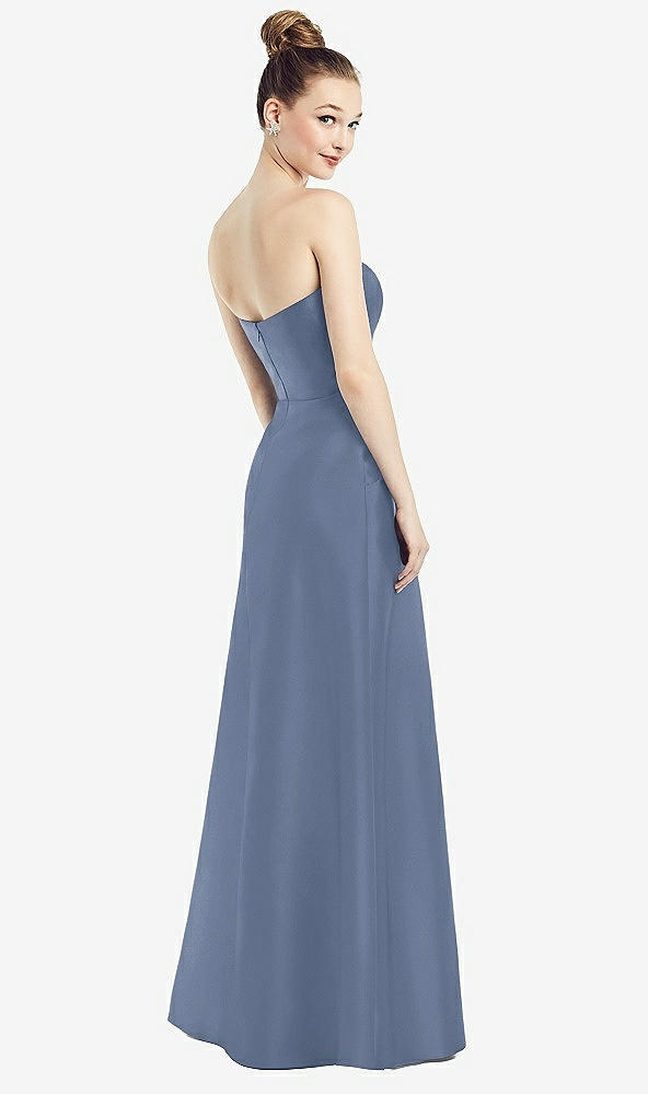 Back View - Larkspur Blue Strapless Notch Satin Gown with Pockets