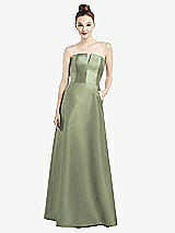 Front View Thumbnail - Sage Strapless Notch Satin Gown with Pockets