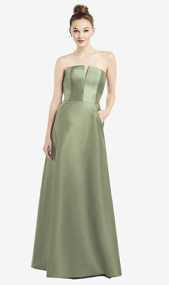 Front View - Sage Strapless Notch Satin Gown with Pockets