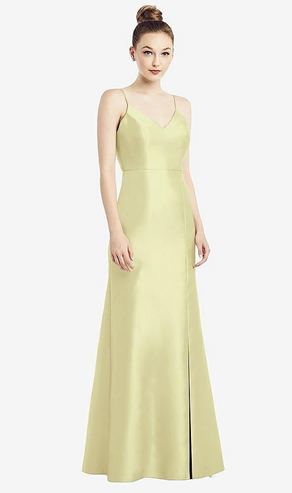 Back View - Butter Yellow Open-Back Bow Tie Satin Trumpet Gown