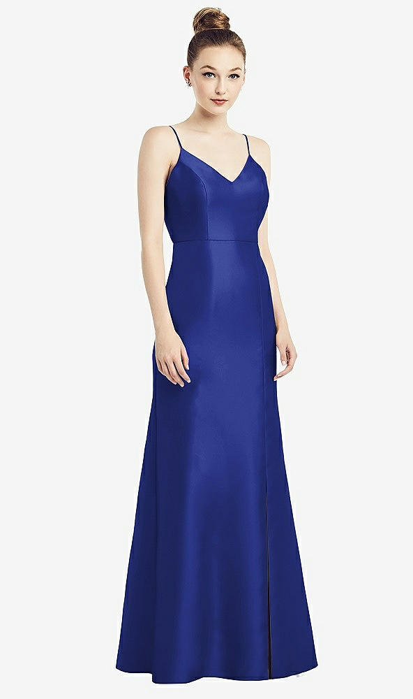 Back View - Cobalt Blue Open-Back Bow Tie Satin Trumpet Gown