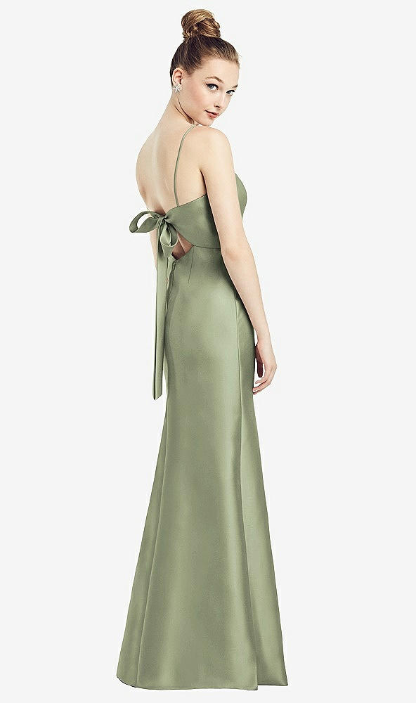 Front View - Sage Open-Back Bow Tie Satin Trumpet Gown