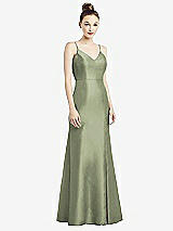 Rear View Thumbnail - Sage Open-Back Bow Tie Satin Trumpet Gown