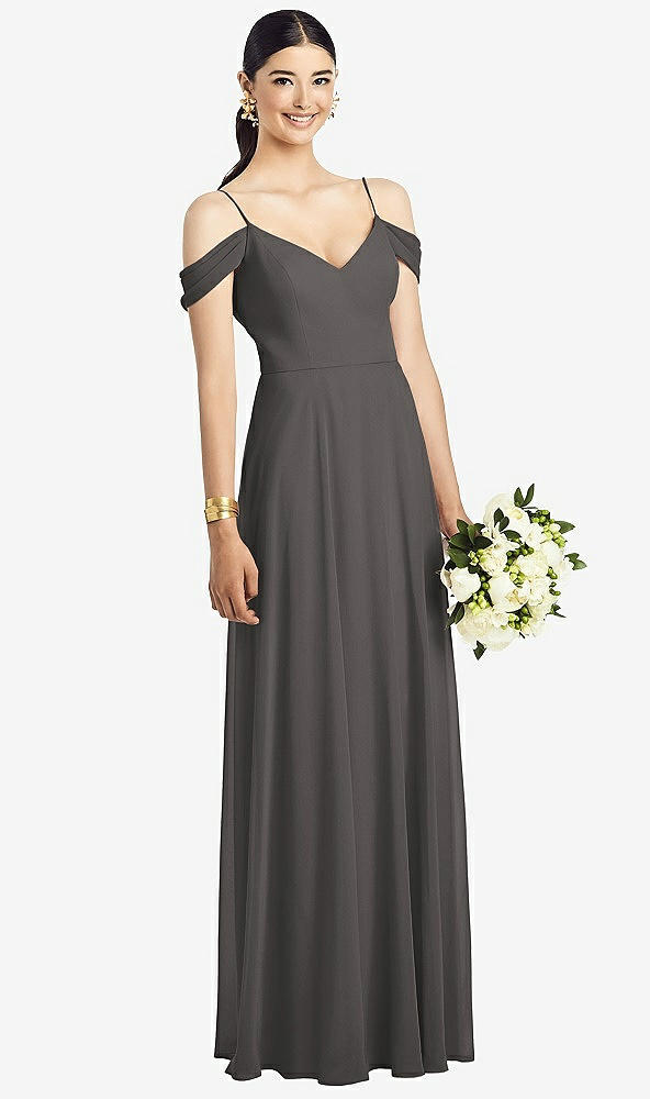 Front View - Caviar Gray Cold-Shoulder V-Back Chiffon Maxi Dress