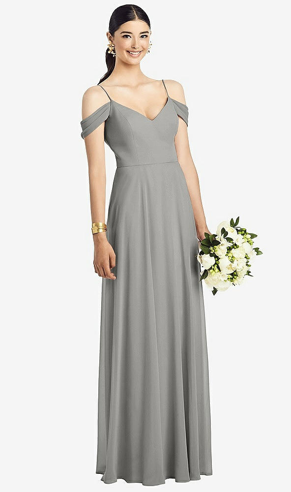 Front View - Chelsea Gray Cold-Shoulder V-Back Chiffon Maxi Dress