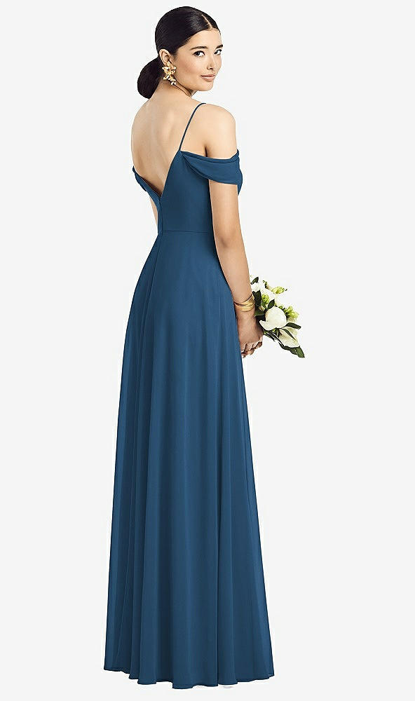 Back View - Dusk Blue Cold-Shoulder V-Back Chiffon Maxi Dress