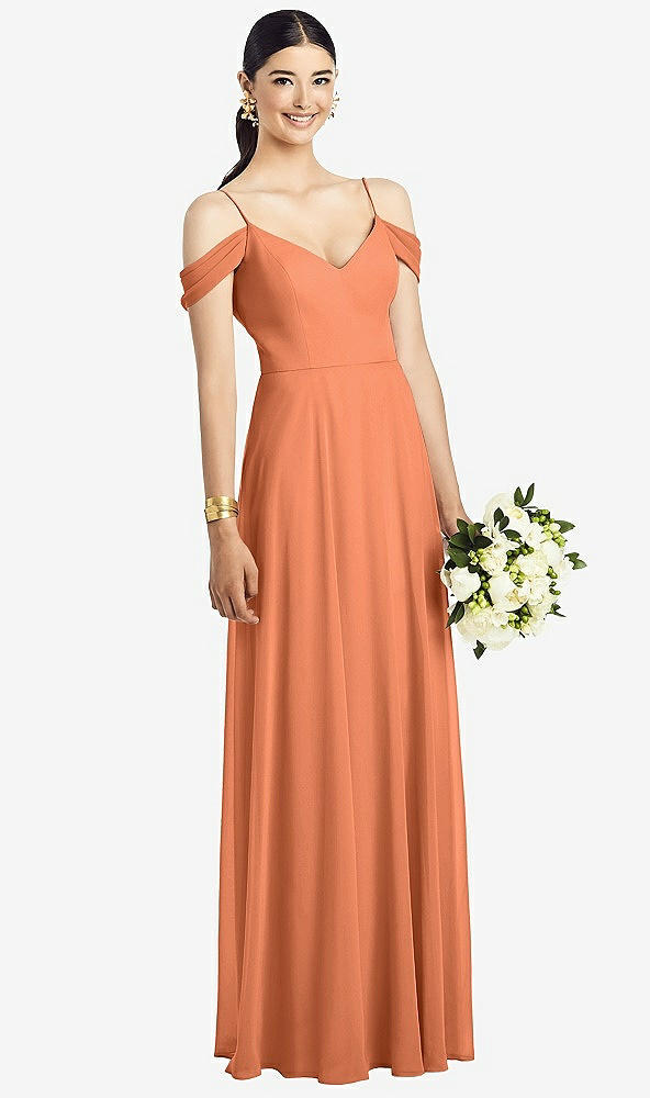 Front View - Sweet Melon Cold-Shoulder V-Back Chiffon Maxi Dress